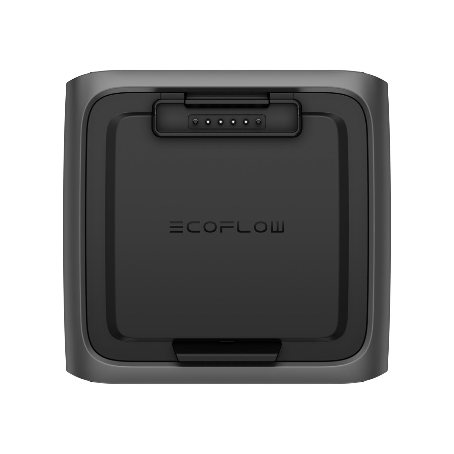 A black EcoFlow device with a top cover, a charging port, and the brand name. It has a rectangular design with rounded corners.