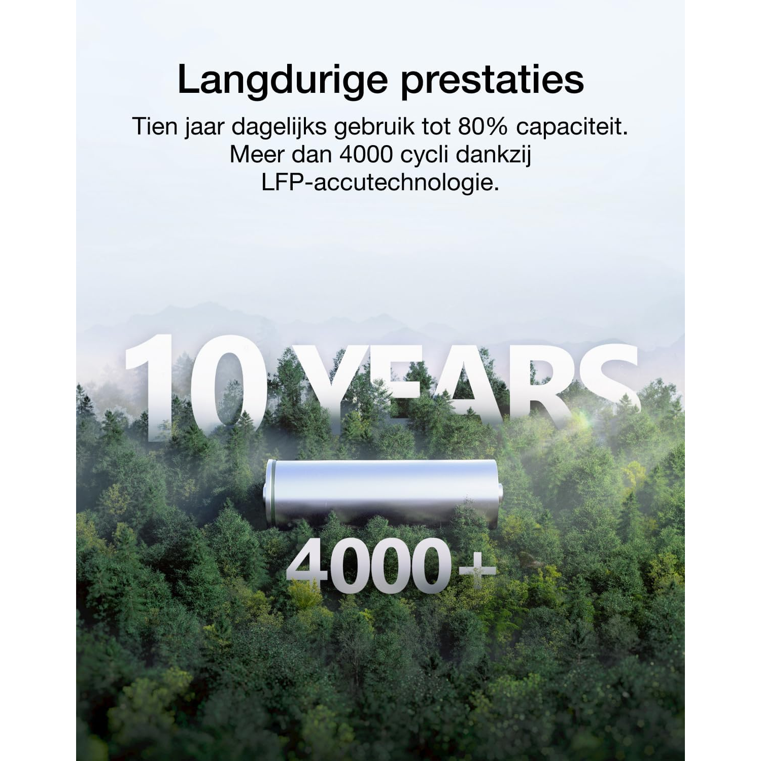 Image shows a battery above a forest, with the words '10 YEARS' and '4000+'. Text above says 'Long-lasting performance'.