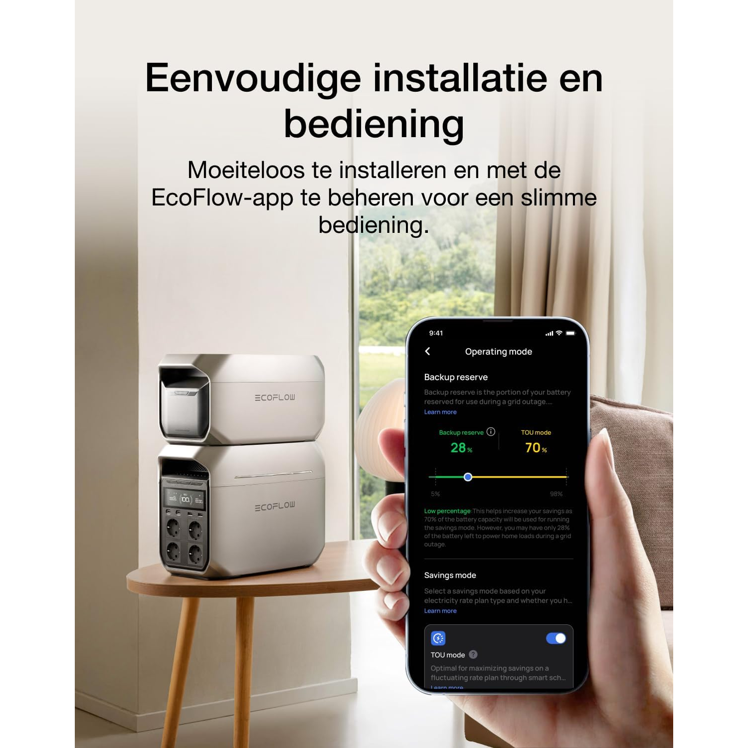 A hand holds a phone displaying 'Operating Mode'. A white EcoFlow device is on a table. Text: Simple setup & operation.