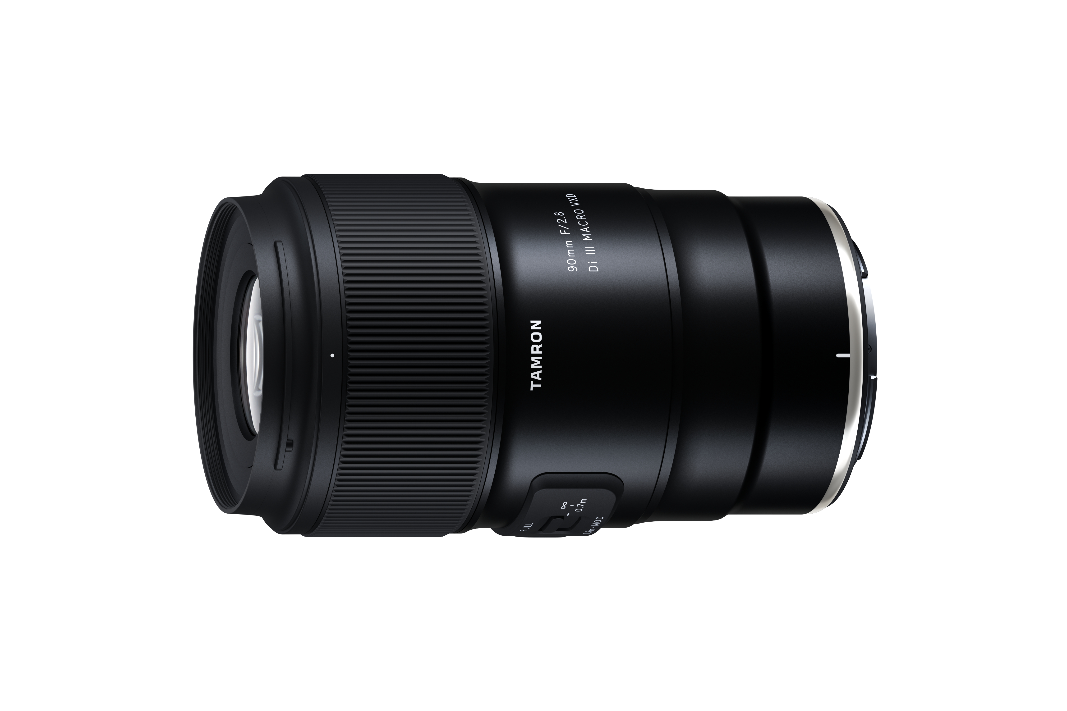 Schwarzes Tamron 90mm f/2.8 Makroobjektiv. Es ist zylindrisch mit Fokus- und Zoomringen.