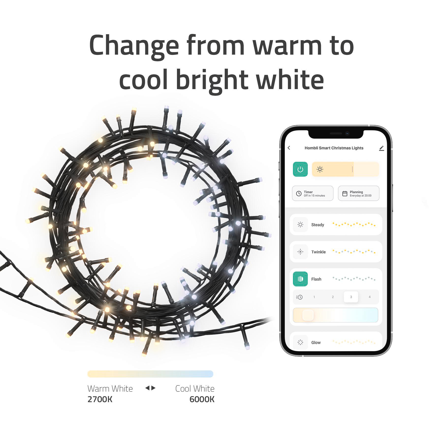 Weihnachtsbeleuchtung mit Smartphone-App. Zeigt Warm- und Kaltweißoptionen.