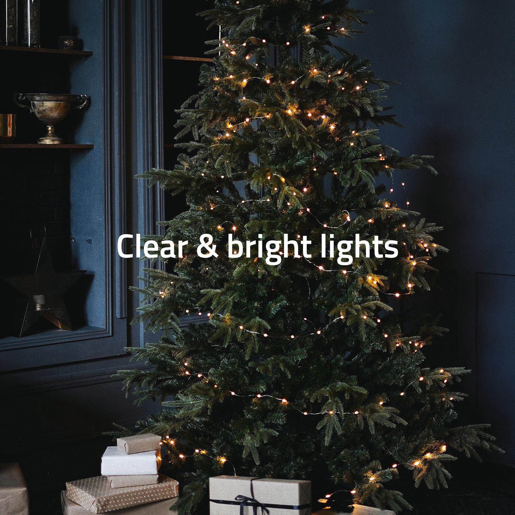 Weihnachtsbaum mit Lichtern. Geschenke an der Basis, dunkler Hintergrund mit Regalen.