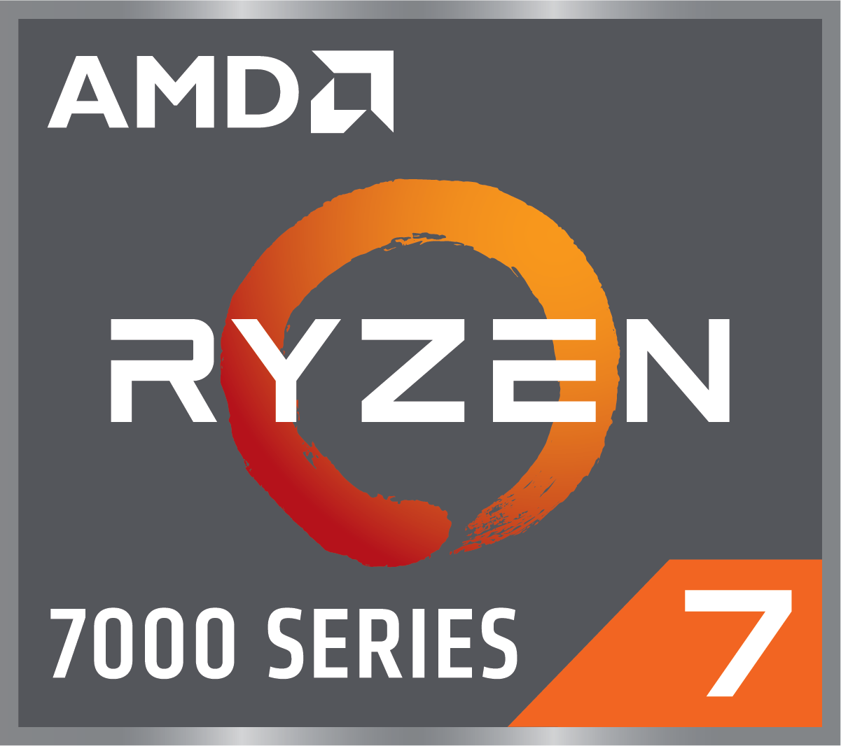 AMD Ryzen 7 7000 SERIES Logo in Weiß und Orange auf grauem Hintergrund mit quadratischem Rahmen.