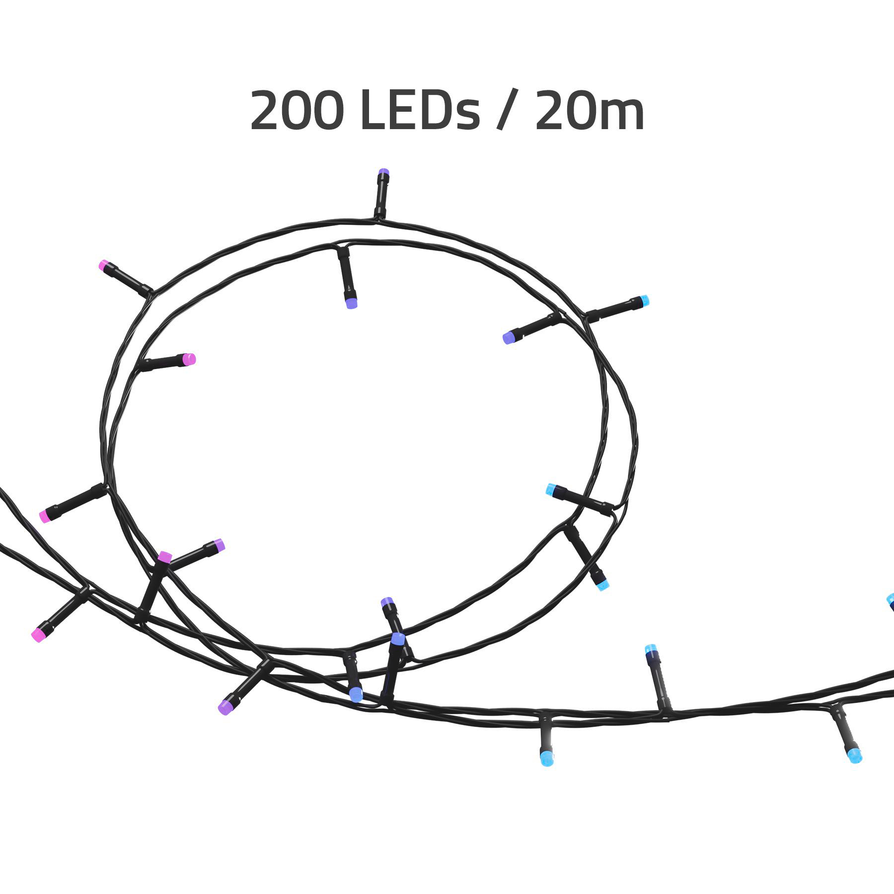 Lichterkette mit farbigen LEDs auf weißem Hintergrund. Text: '200 LEDs / 20m'.