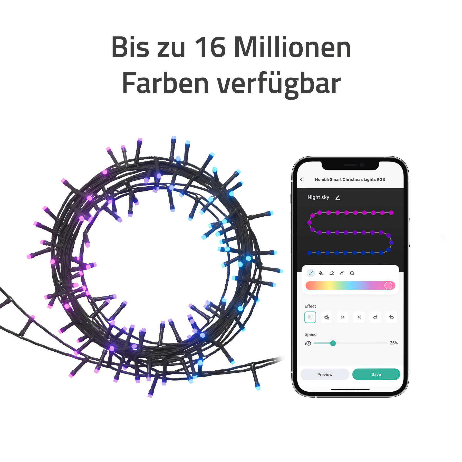 Eine Lichterkette in einem Kreis, die Farbauswahl auf einem Telefonbildschirm anzeigt.