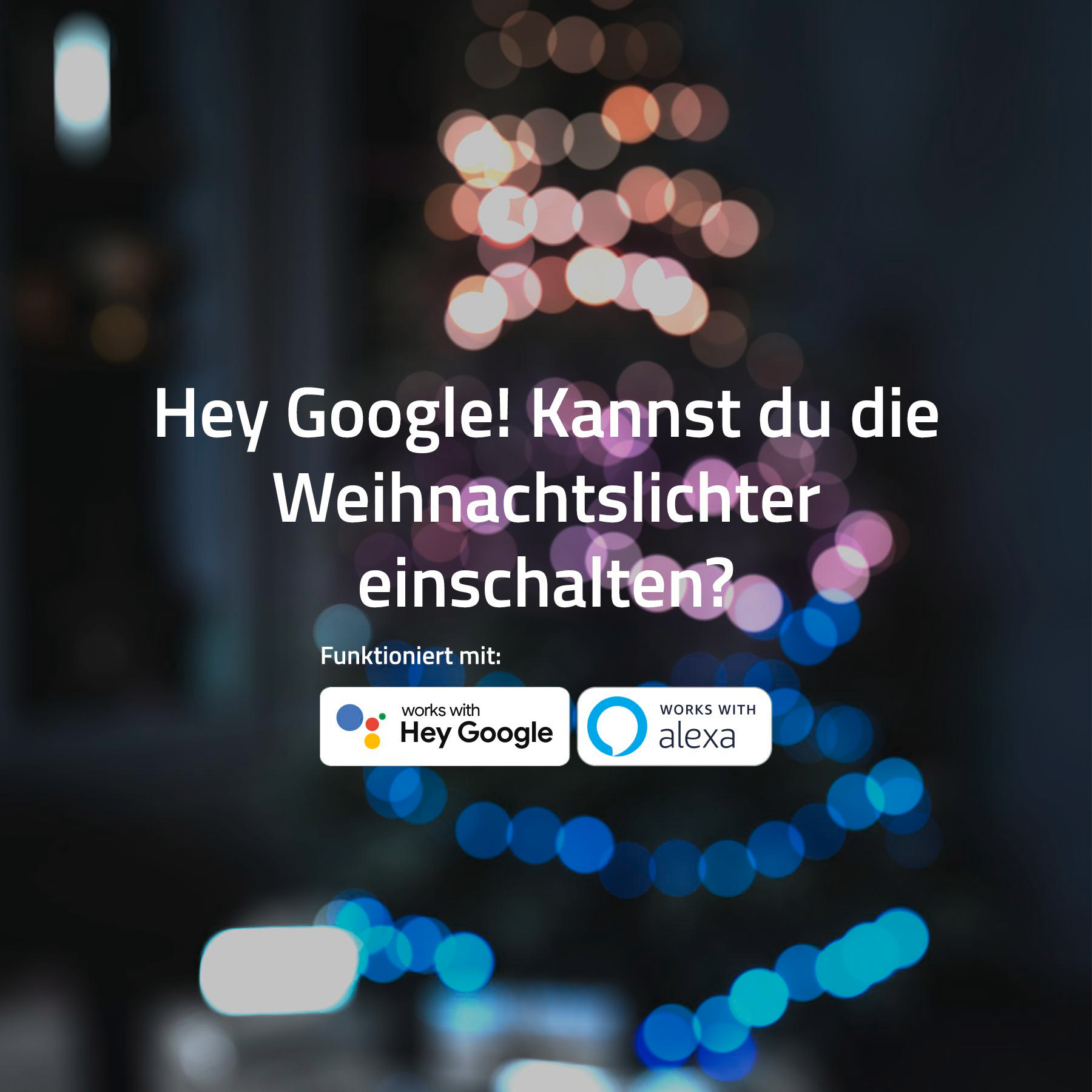 Das Bild zeigt Weihnachtsbeleuchtung mit Text, der Google auffordert, sie einzuschalten. Logos für Hey Google und Alexa sind vorhanden.