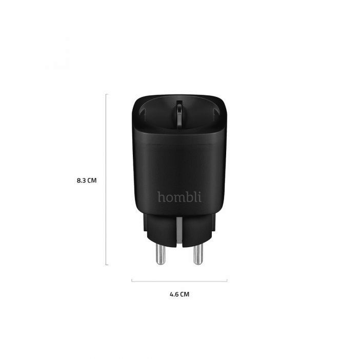 Ein schwarzer Homli Smart Plug mit Abmessungen: 8,3 cm hoch, 4,6 cm breit.
