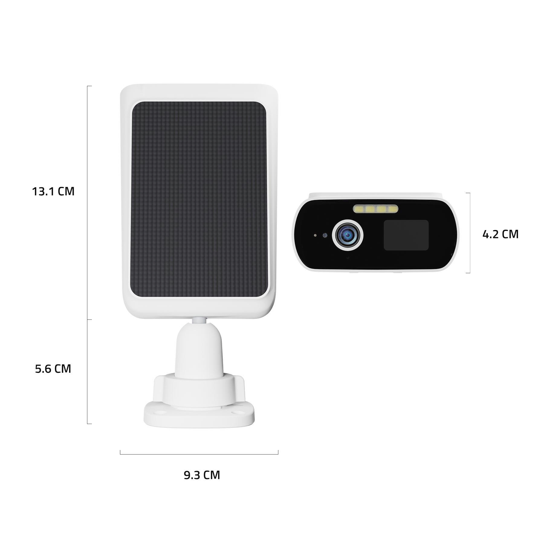 Weiße Sicherheitskamera mit Solarpanel und Abmessungen: 13,1 cm hoch, 9,3 cm breit, 4,2 cm tief.