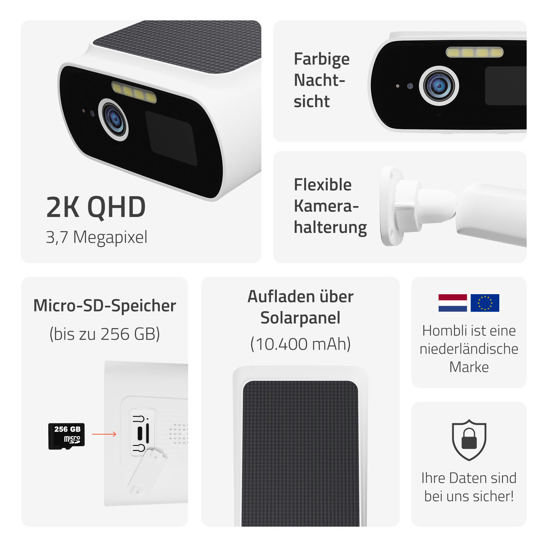 Diagramm einer weißen Überwachungskamera mit Text über ihre Funktionen und Spezifikationen.