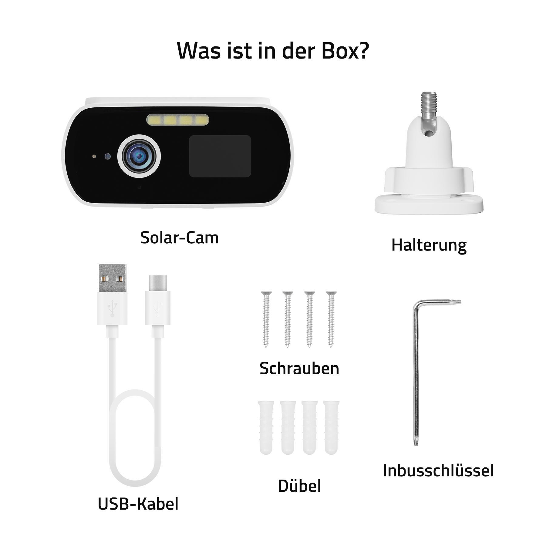 Ein Bild mit einer Solar-Cam, Halterung, Schrauben, USB-Kabel, einem Schraubenschlüssel und Dübeln.