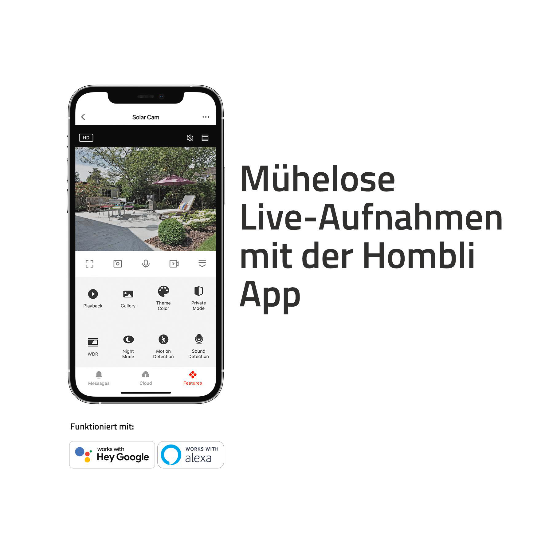 Ein Telefonbildschirm mit einer Kamera-App, mit Text auf Deutsch über die Homli-App.