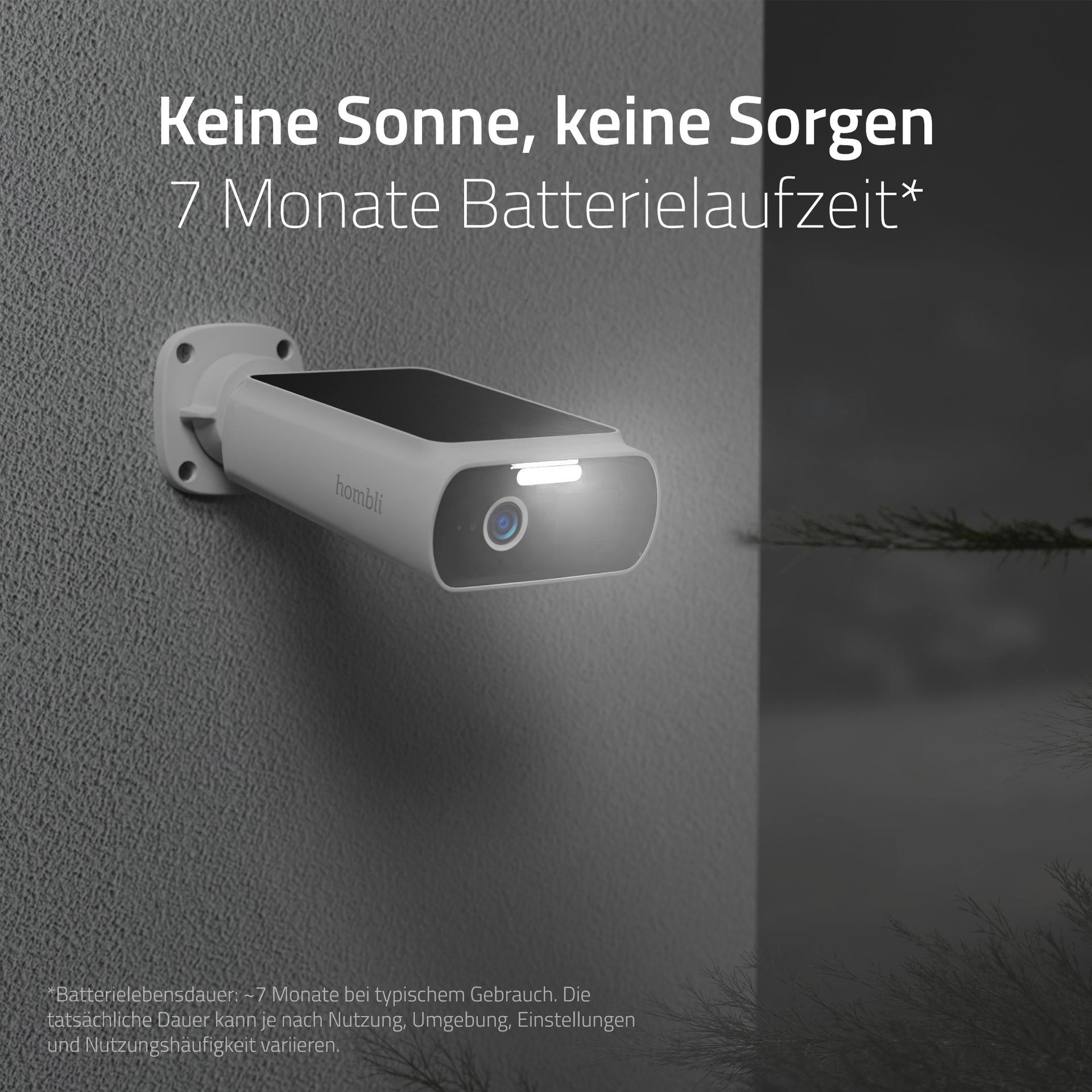 Weiße Überwachungskamera an der Wand, Text über Akkulaufzeit, dunkler Hintergrund.
