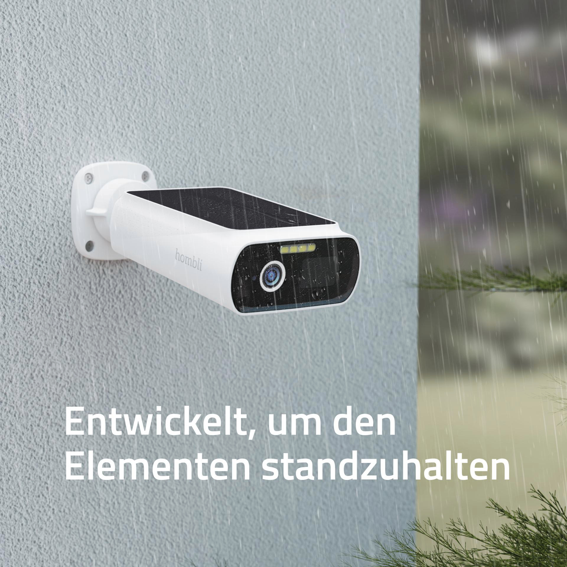 Eine Überwachungskamera, die im Regen auf Holz montiert ist, mit Text darunter.