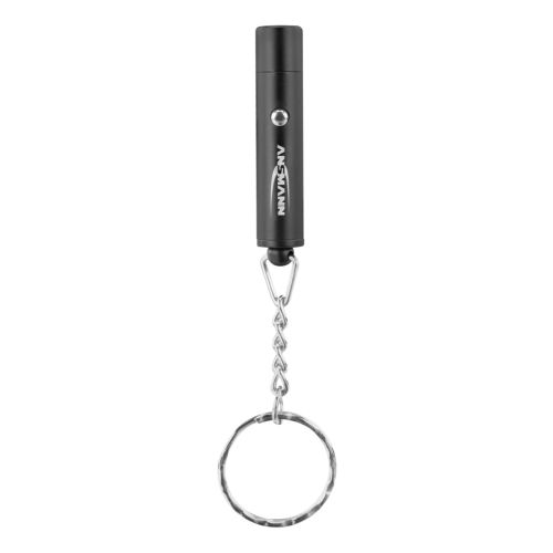 Eine kleine schwarze Ansmann LED-Schlüsselbund-Taschenlampe mit silberner Kette und Ring.