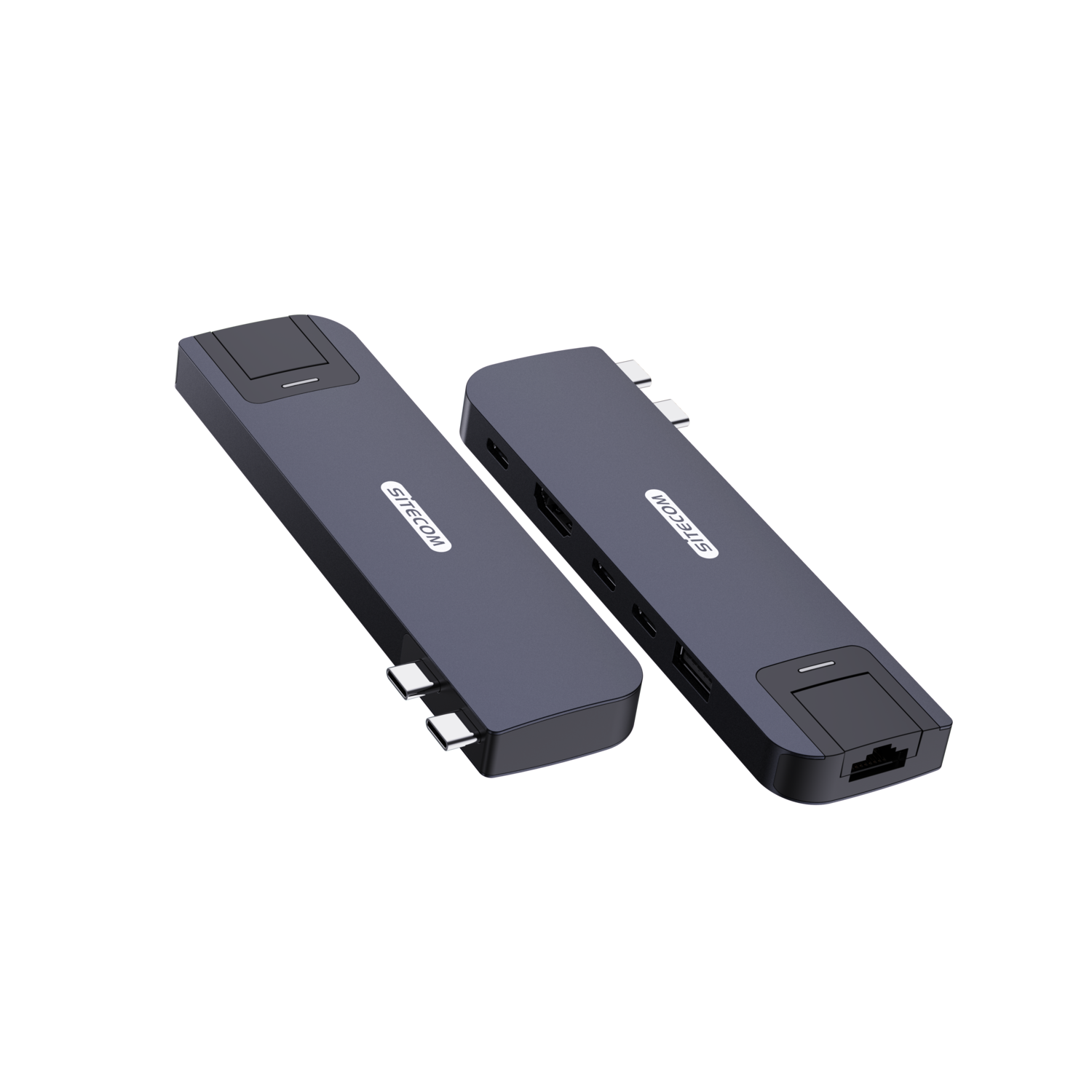Two Sitecom USB hubs on a black background, side by side.
