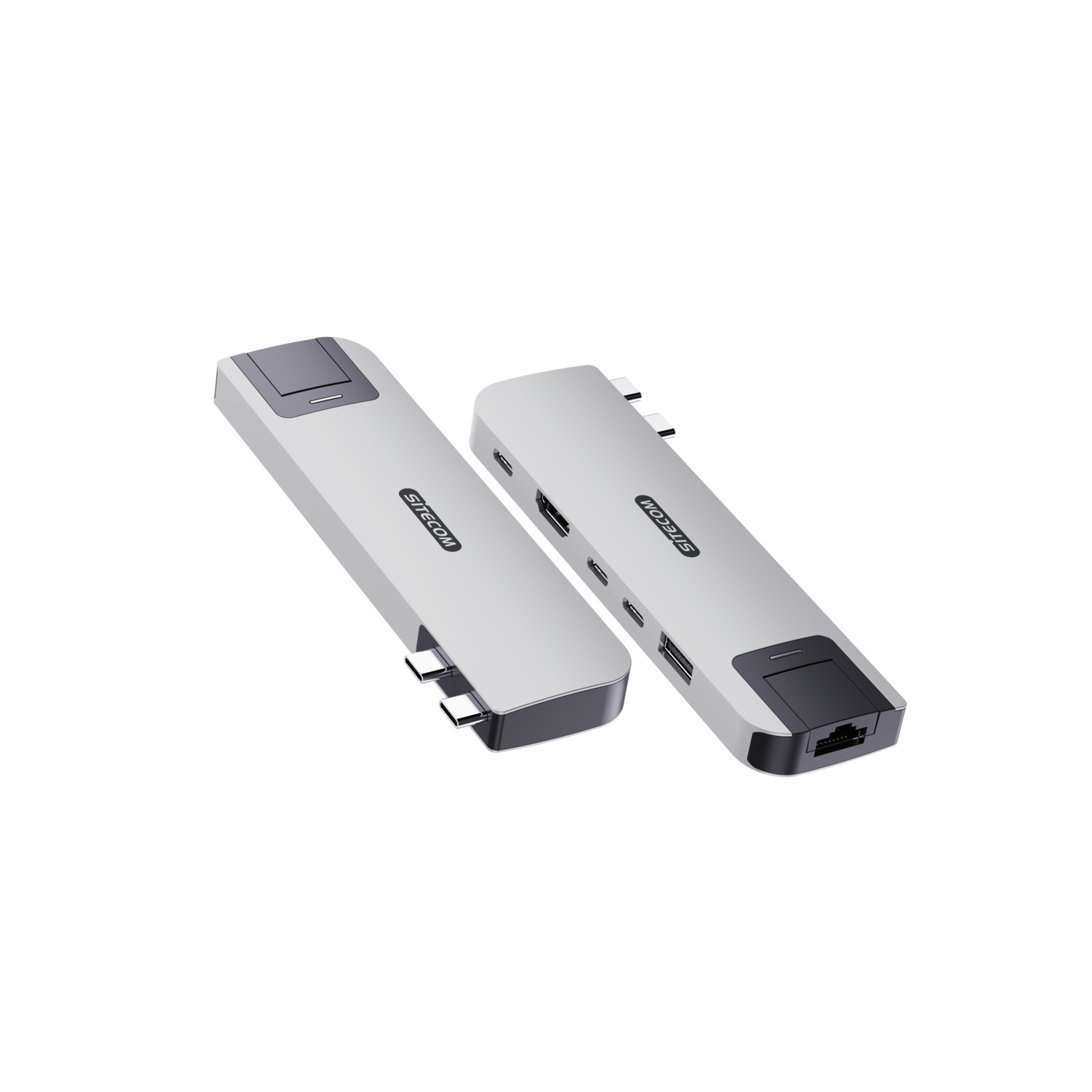 Deux appareils rectangulaires argentés avec plusieurs ports, inclinés sur une surface noire.