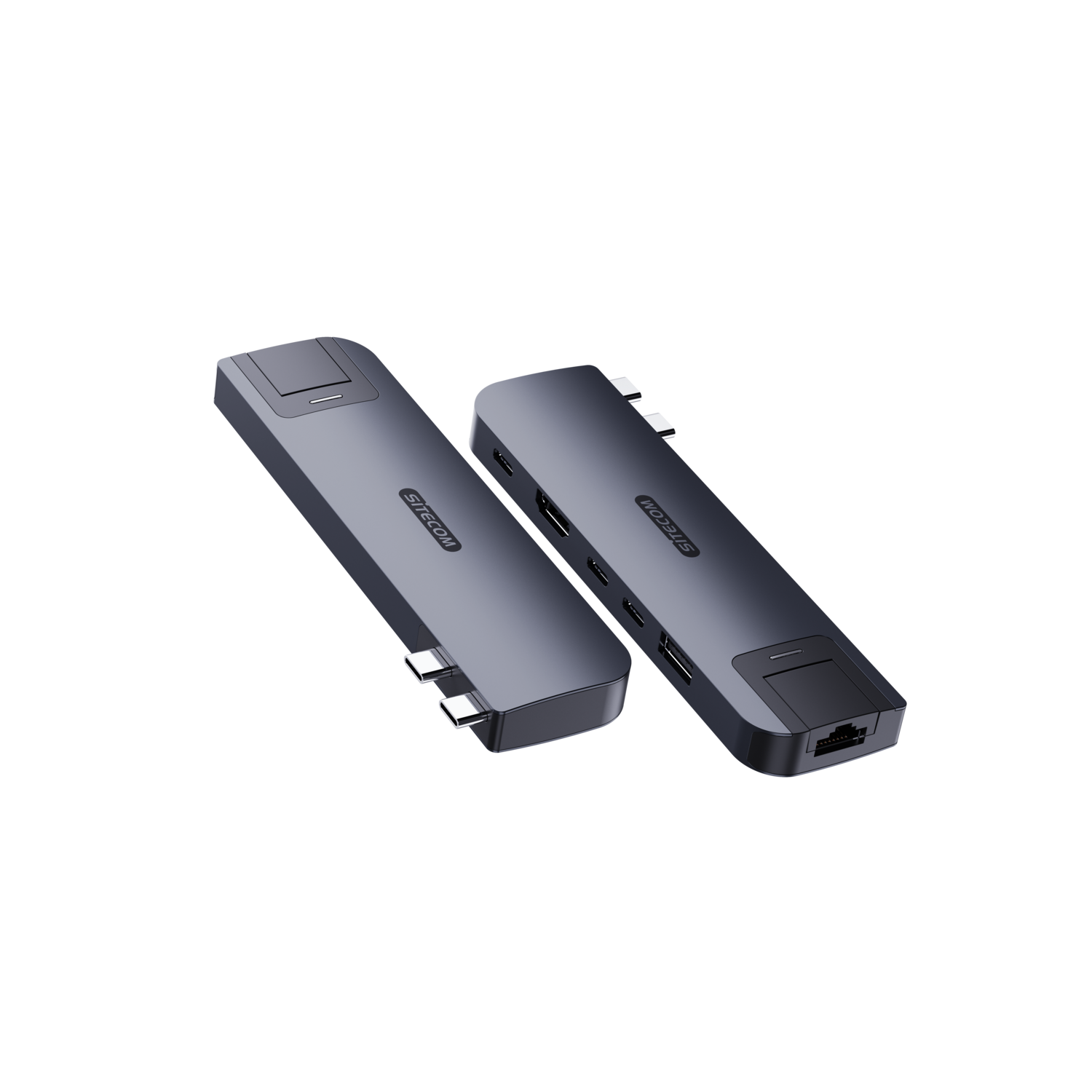 Deux hubs USB SITECOM gris sur fond noir.