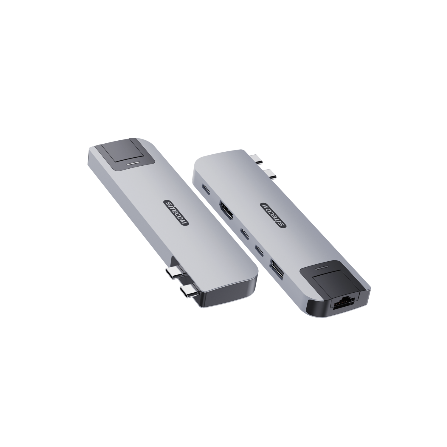 Two silver devices with ports, likely USB hubs, on a black background.
