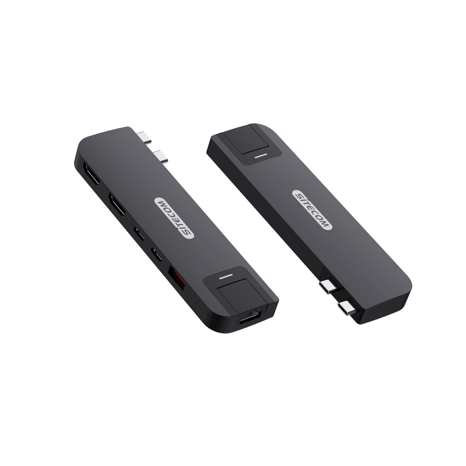 Deux appareils rectangulaires gris foncé avec plusieurs ports sur une surface noire, inclinés.