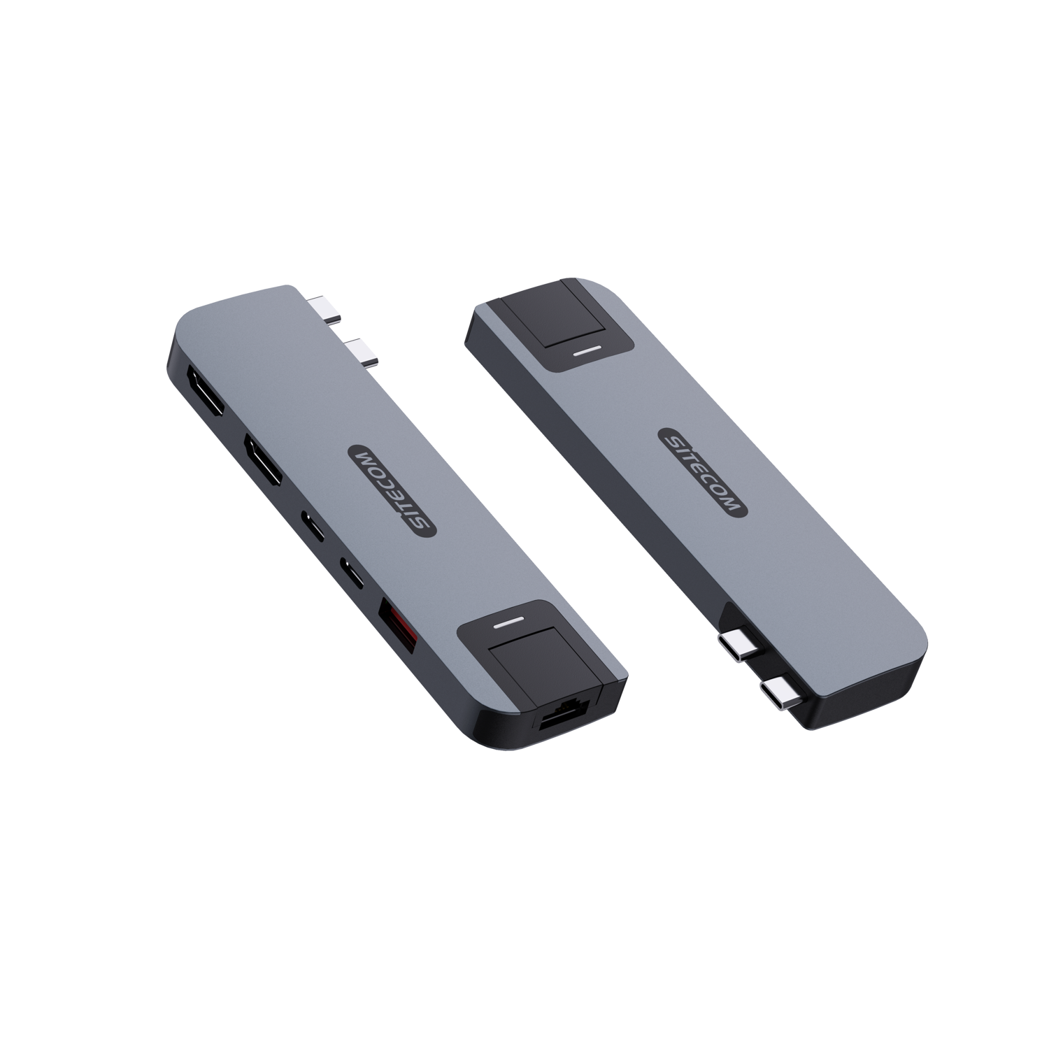 Deux hubs SITECOM gris avec plusieurs ports, sur fond noir, vue en angle.