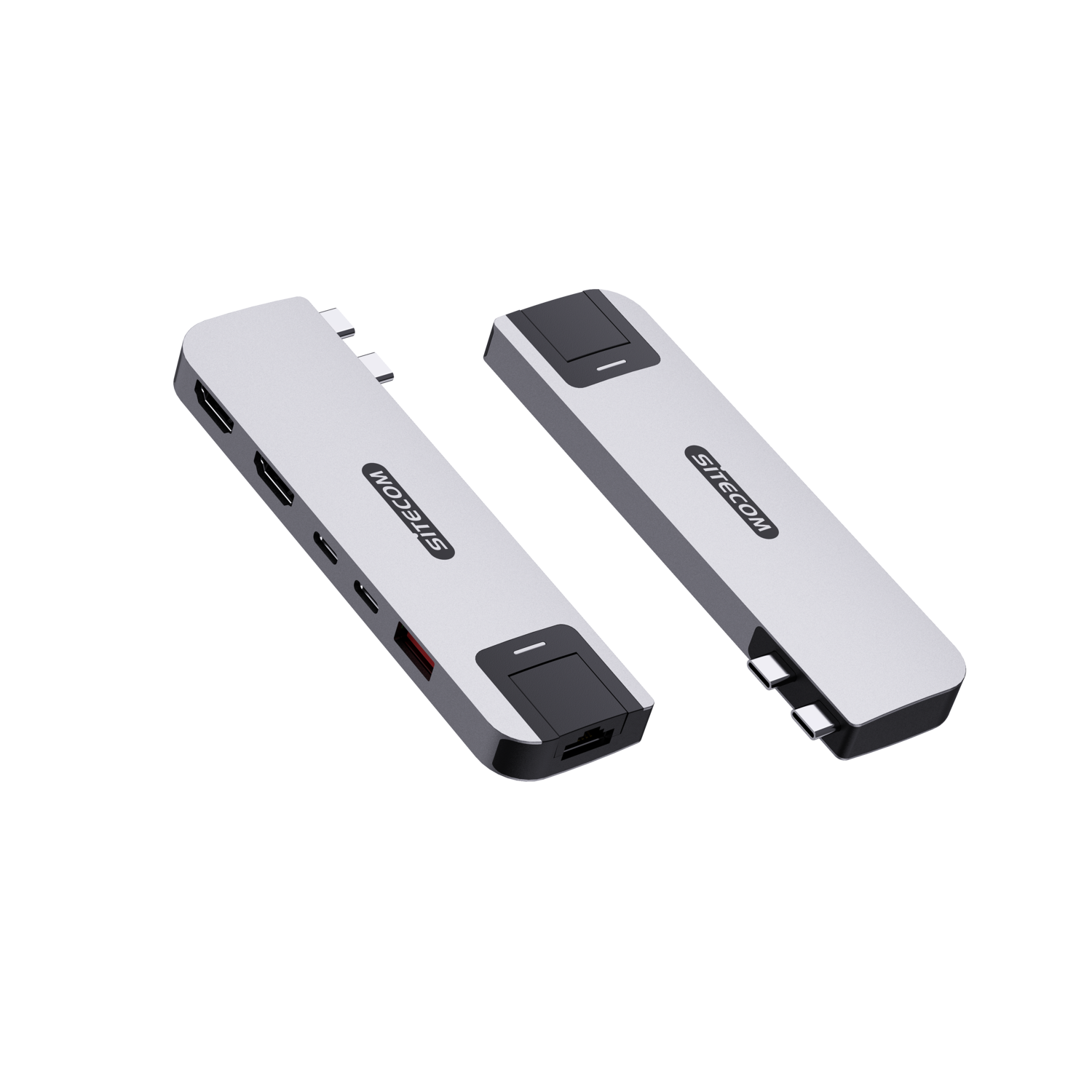 Deux adaptateurs USB-C Sitecom argentés sur fond noir.
