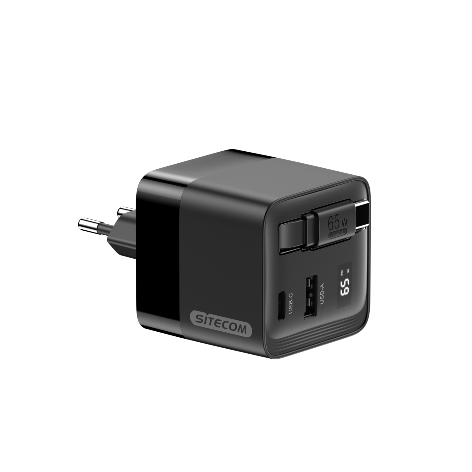 Un chargeur Sitecom noir avec un port USB-C et USB-A. Il affiche 65W.