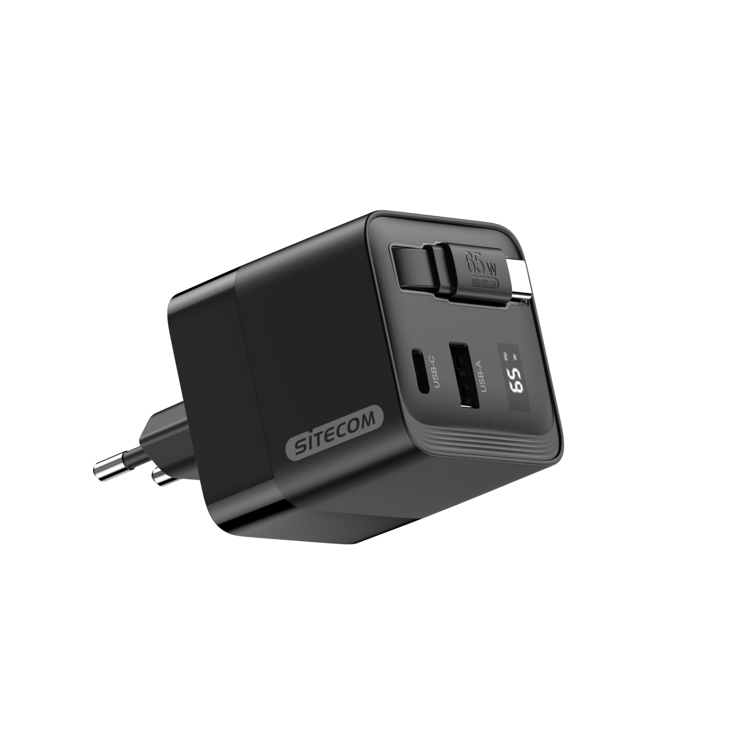 Un adaptateur secteur noir avec ports USB et une prise, sur une surface noire.