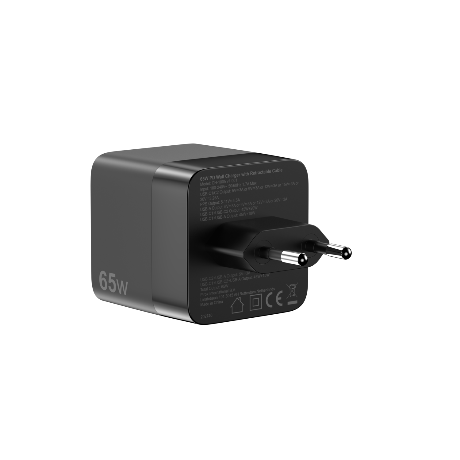 Un adaptateur secteur noir avec une prise et du texte sur la surface, sur fond noir.