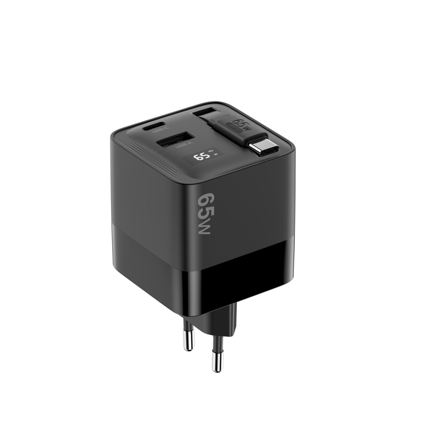 Un adaptateur secteur noir avec ports USB et un écran, sur fond noir.