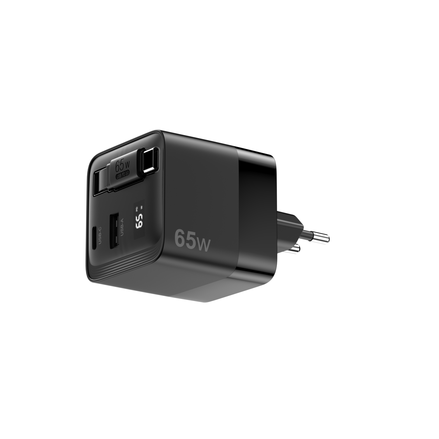Un chargeur noir de 65W avec ports USB et une prise, isolé sur fond noir.