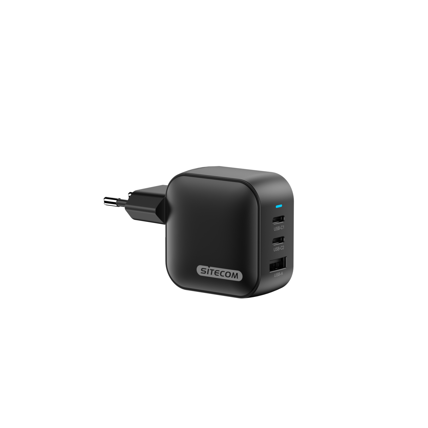 A black power adapter with USB ports on a black background.