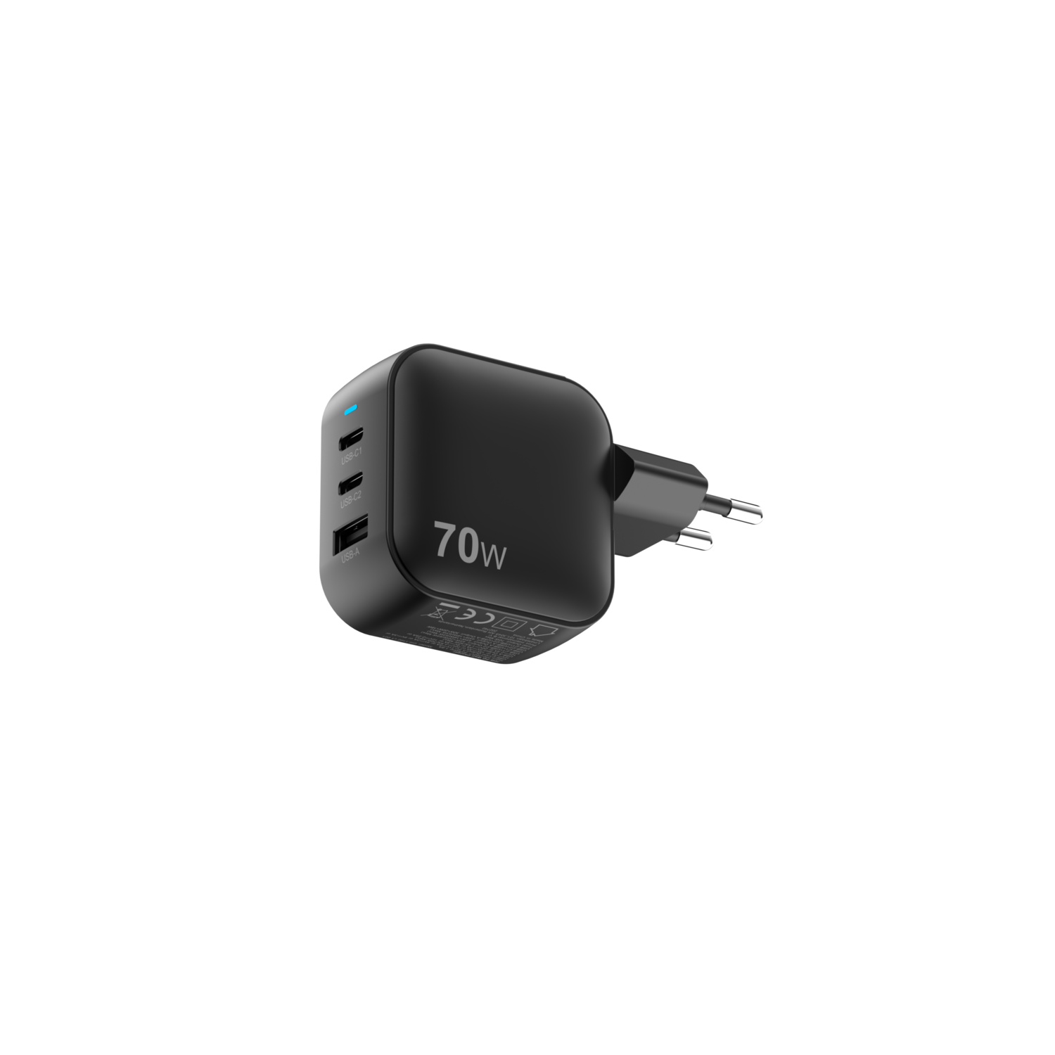 Black 70W charger with three ports.