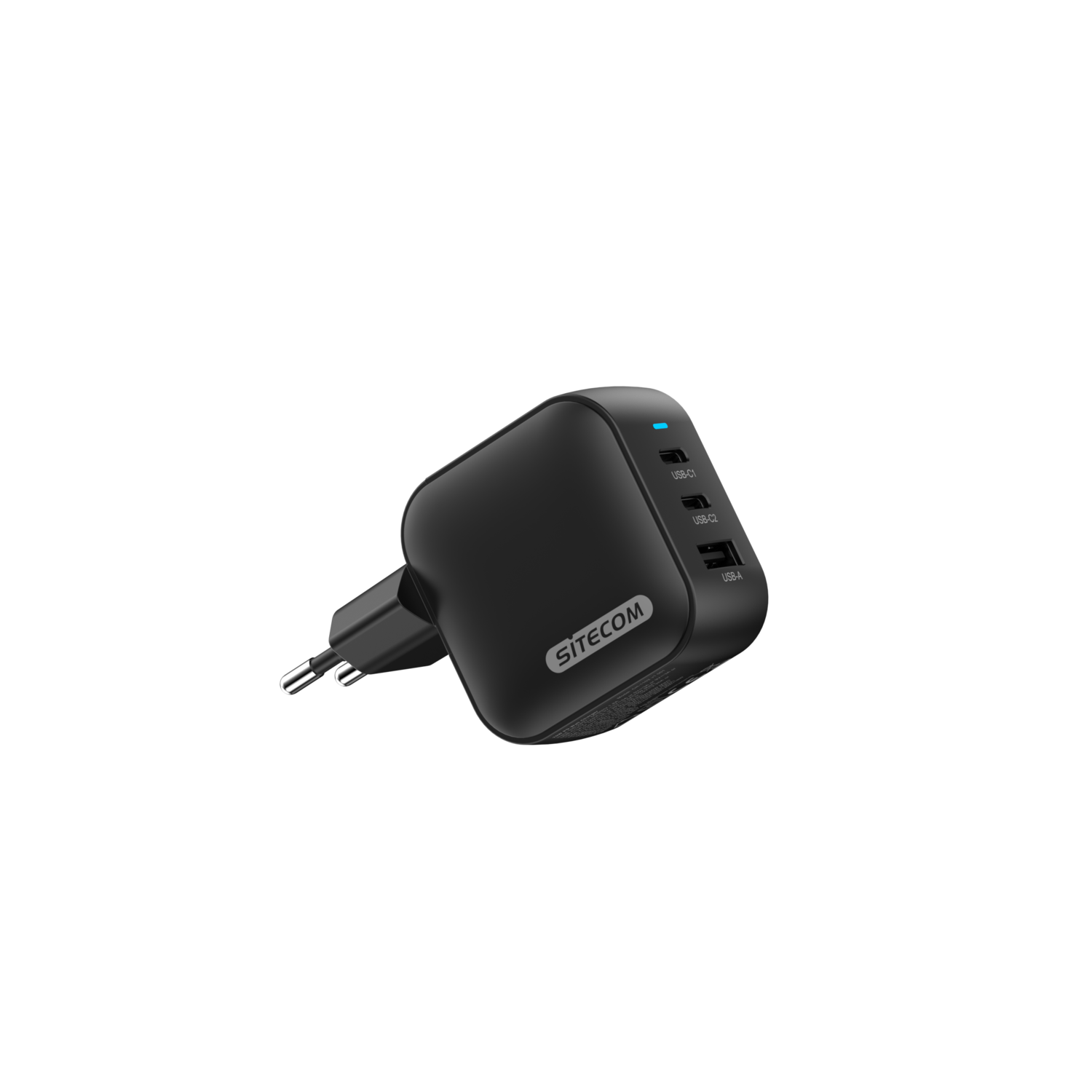Black SITECOM charger with three USB ports and a two-prong plug.