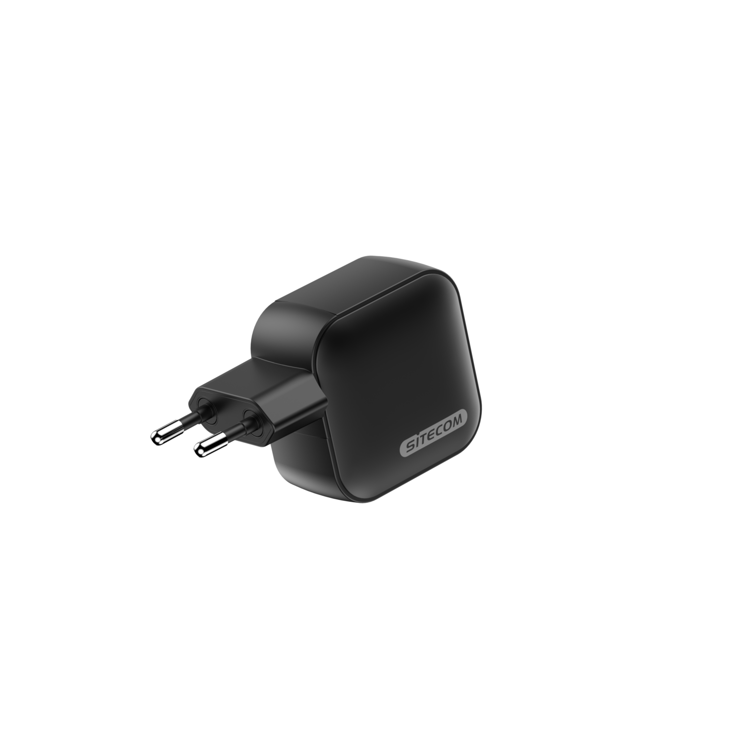 Black Sitecom wall charger with two prongs on a dark background.