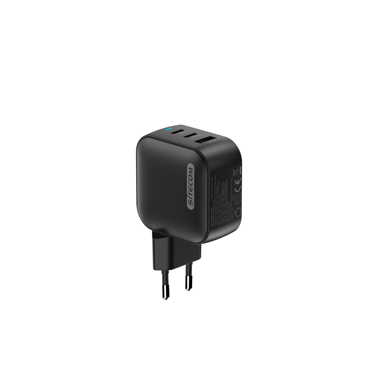 Black charger with 3 USB ports, angled, black background.