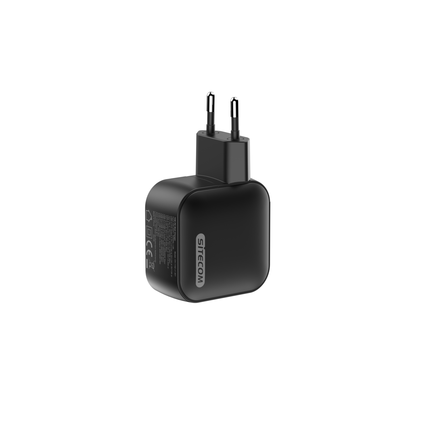 A black power adapter with a plug, on a black background.