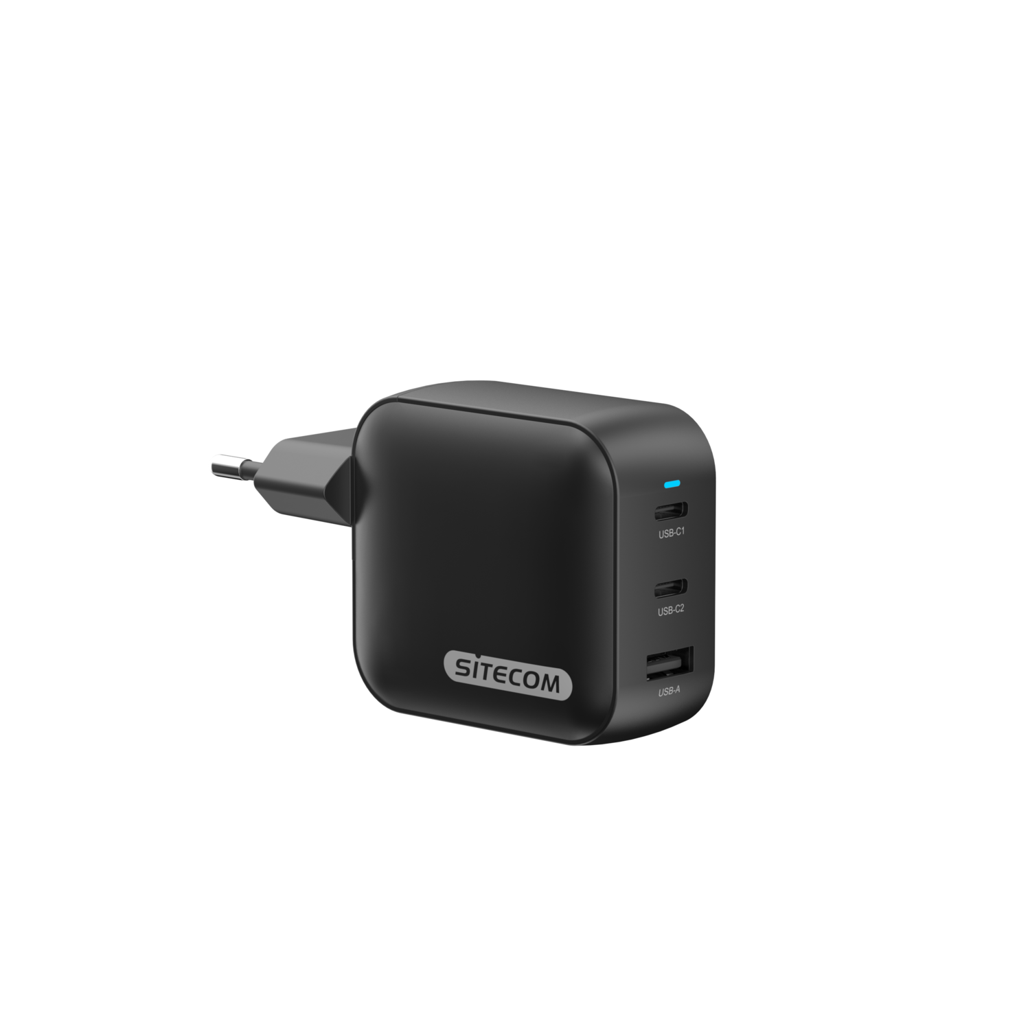 A black power adapter with three USB ports, on a black background.