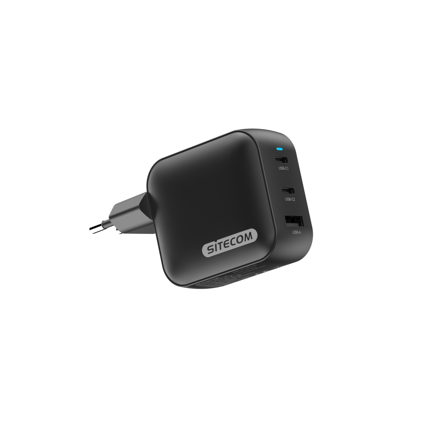 A black power adapter with USB ports on a black background, angled view.