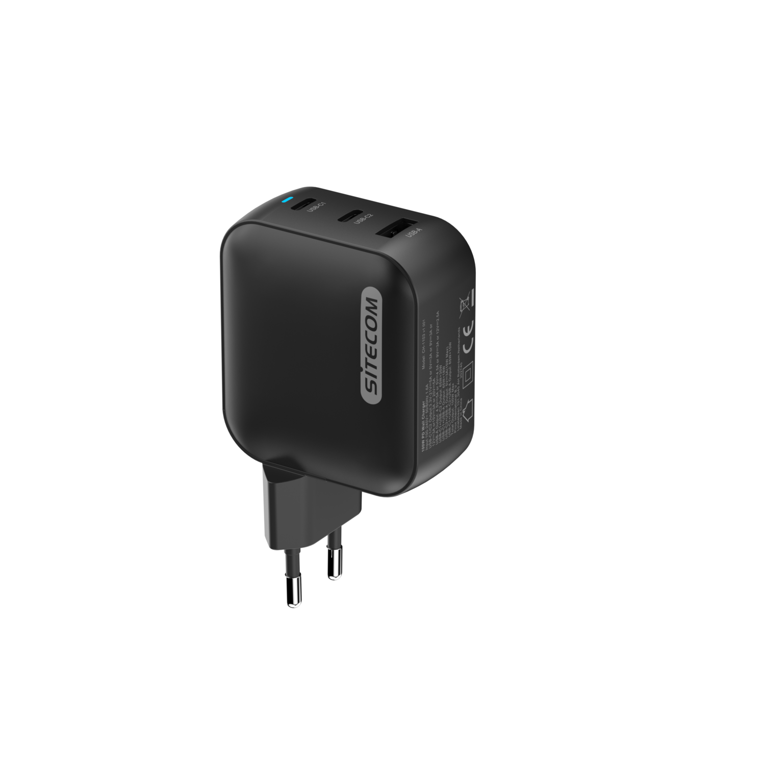 Black Sitecom charger. It has multiple USB ports. Plugs into a standard outlet.