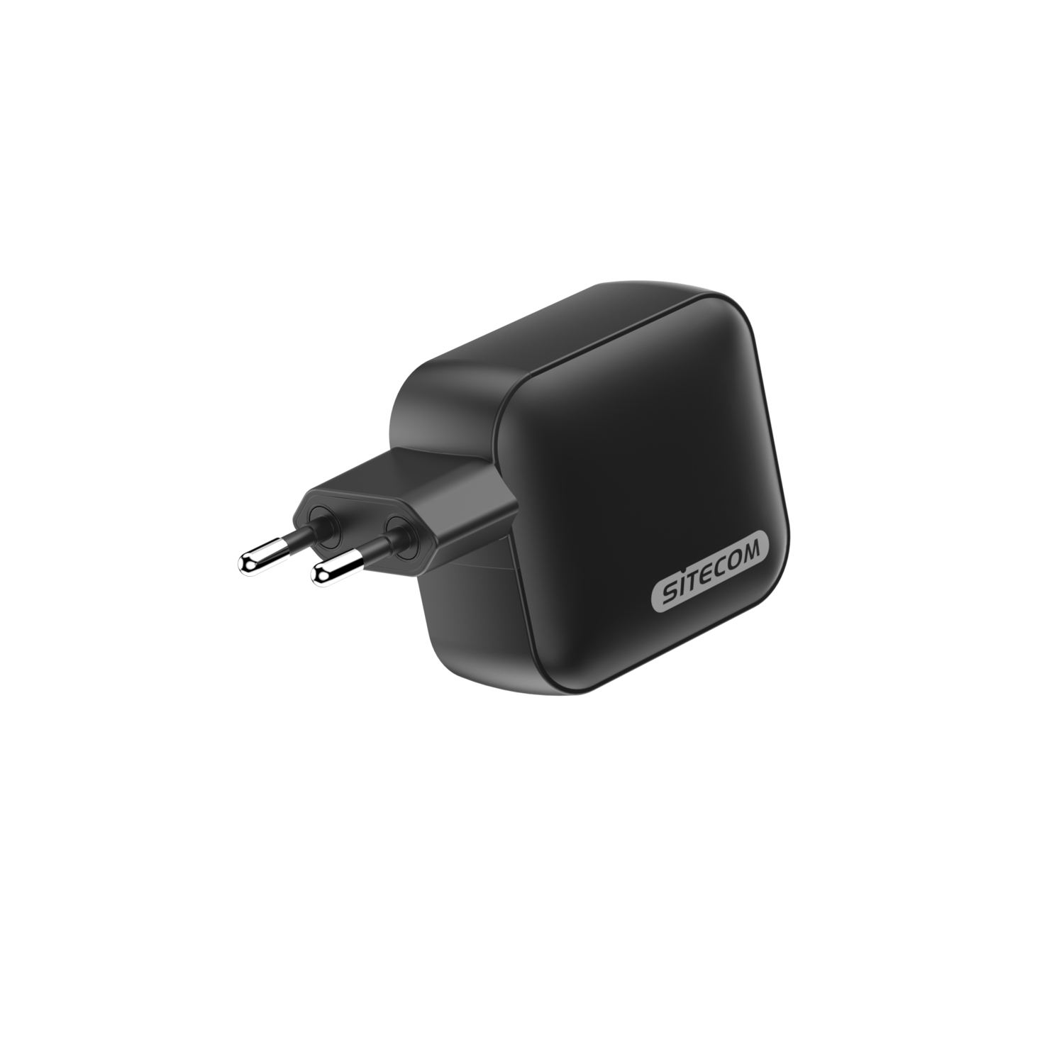 A black power adapter with a plug, on a black background, angled view.