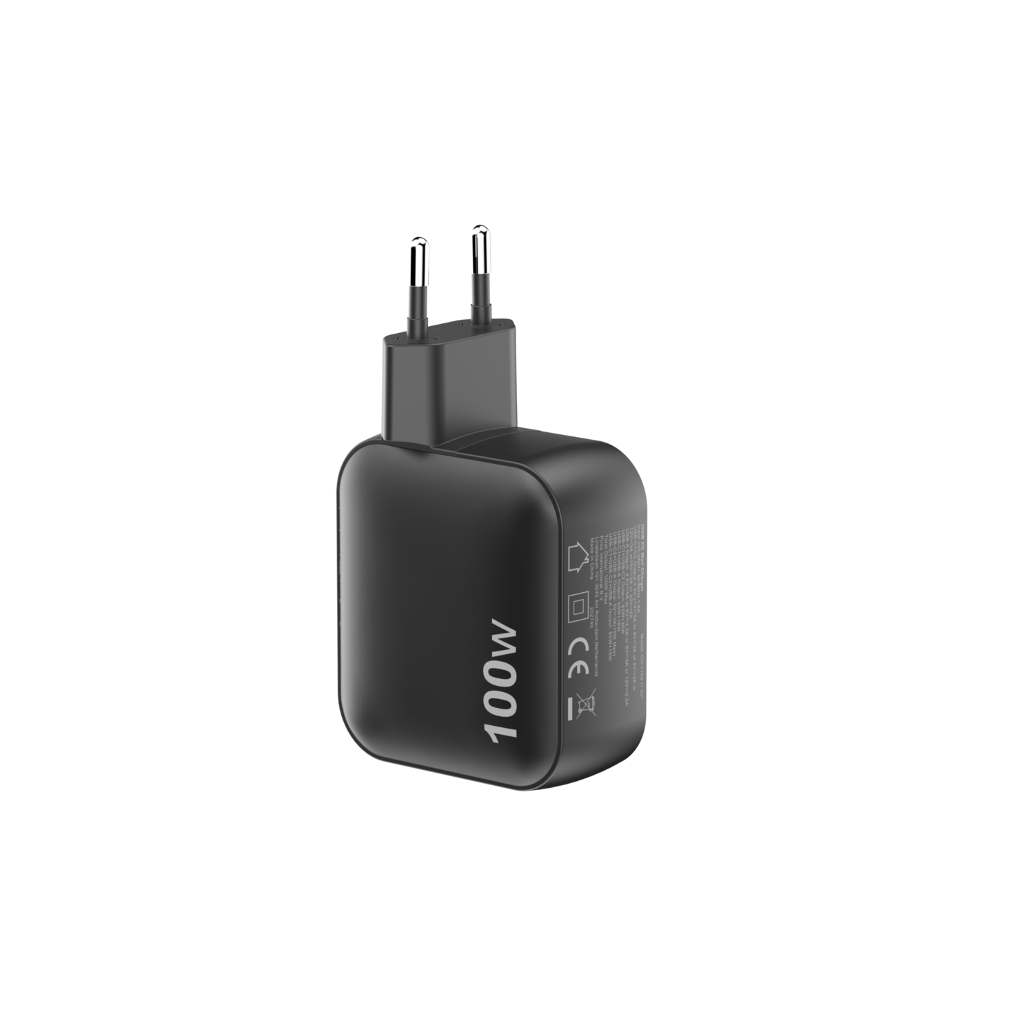 Black 100W charger with two prongs and a label on the side.