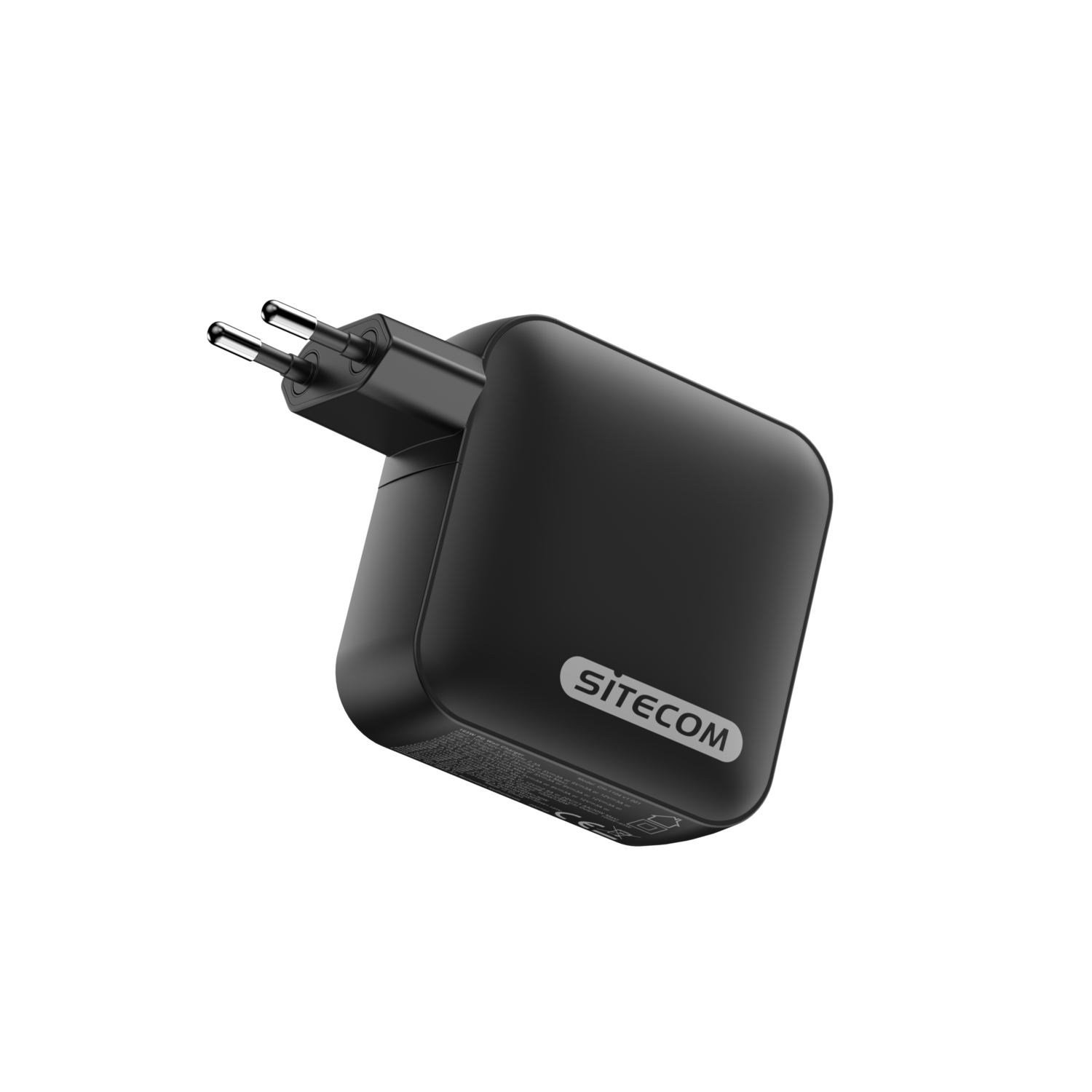 A black power adapter with a plug, on a black background, angled view.