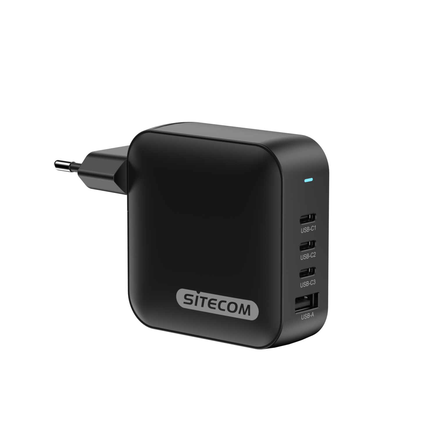 A black power adapter with multiple USB ports. It has the word 'SITECOM' printed on it.