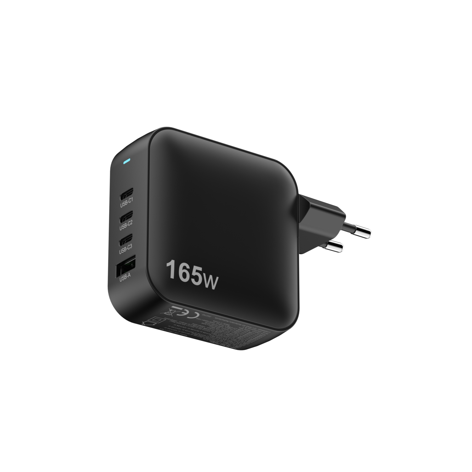 A black 165W power adapter with multiple USB ports, displayed against a black background.
