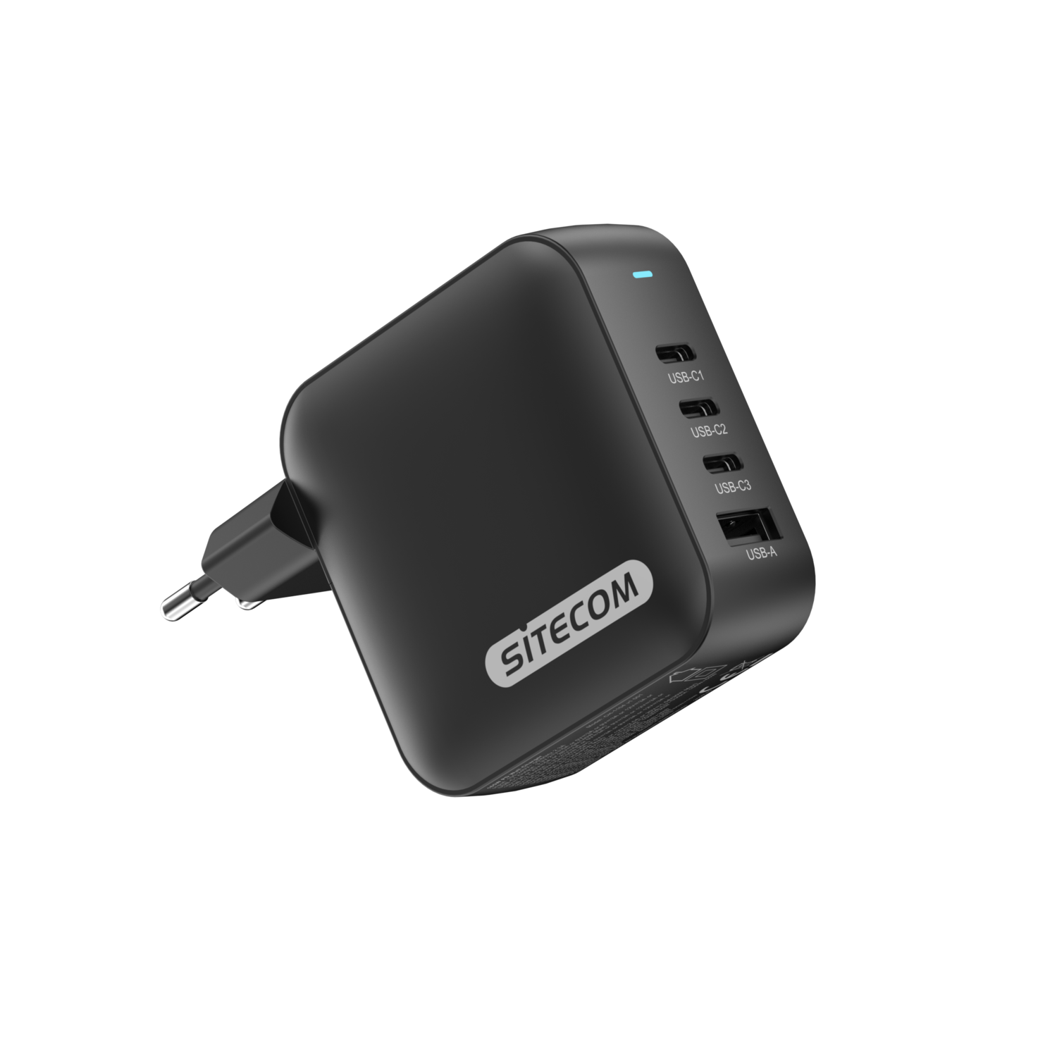 Black Sitecom USB charger with multiple ports. Includes USB-C and USB-A. Plug on the left. Blue power indicator.