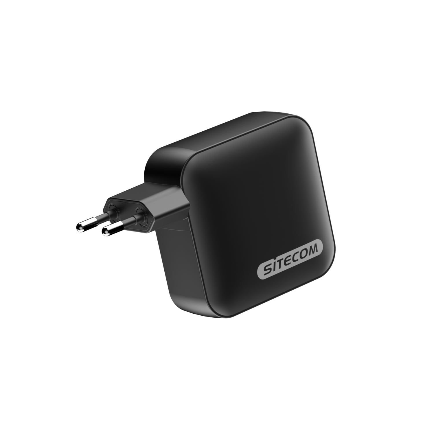 Black Sitecom charger with two prongs on black background.