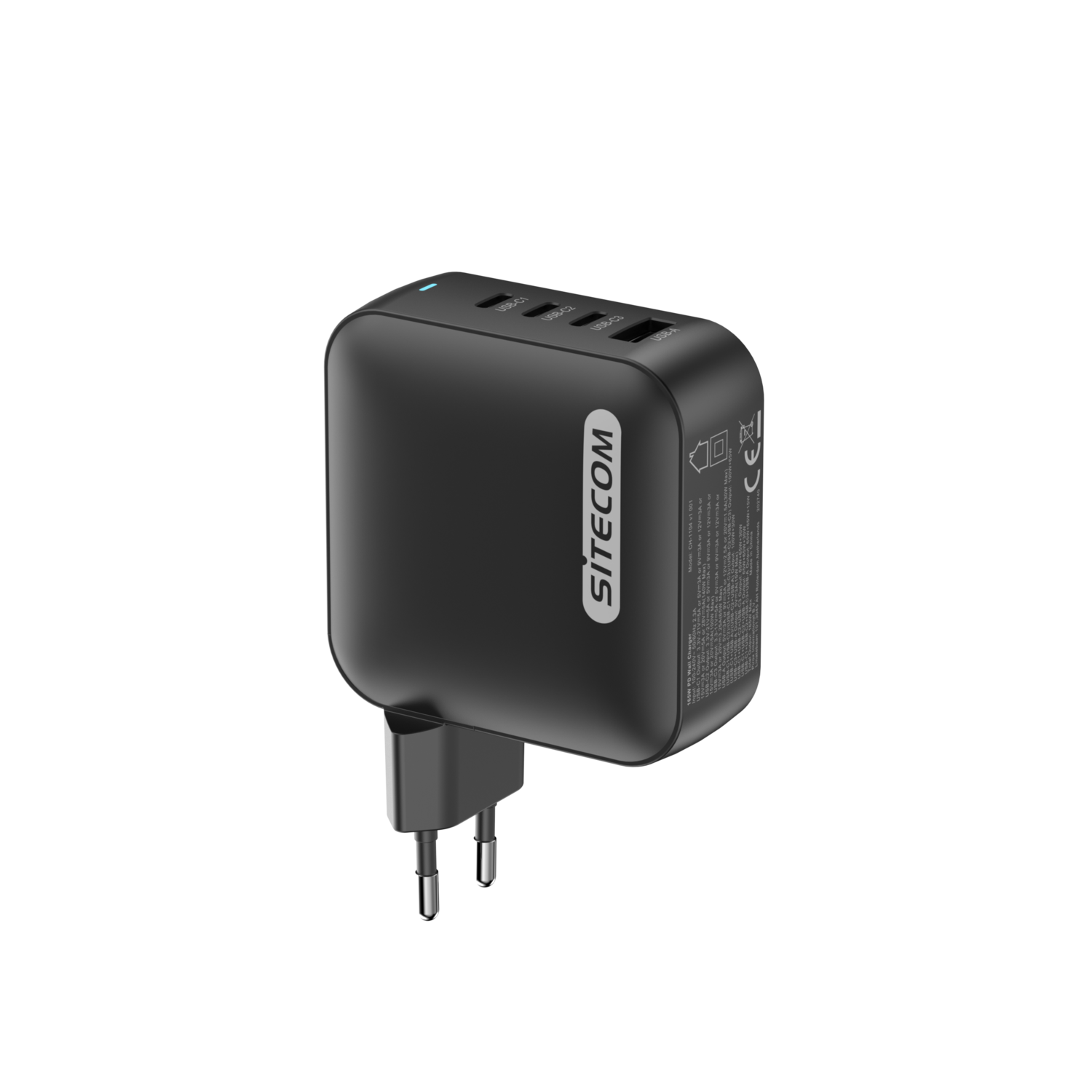 Black power adapter with multiple USB ports and a plug, on a black background.