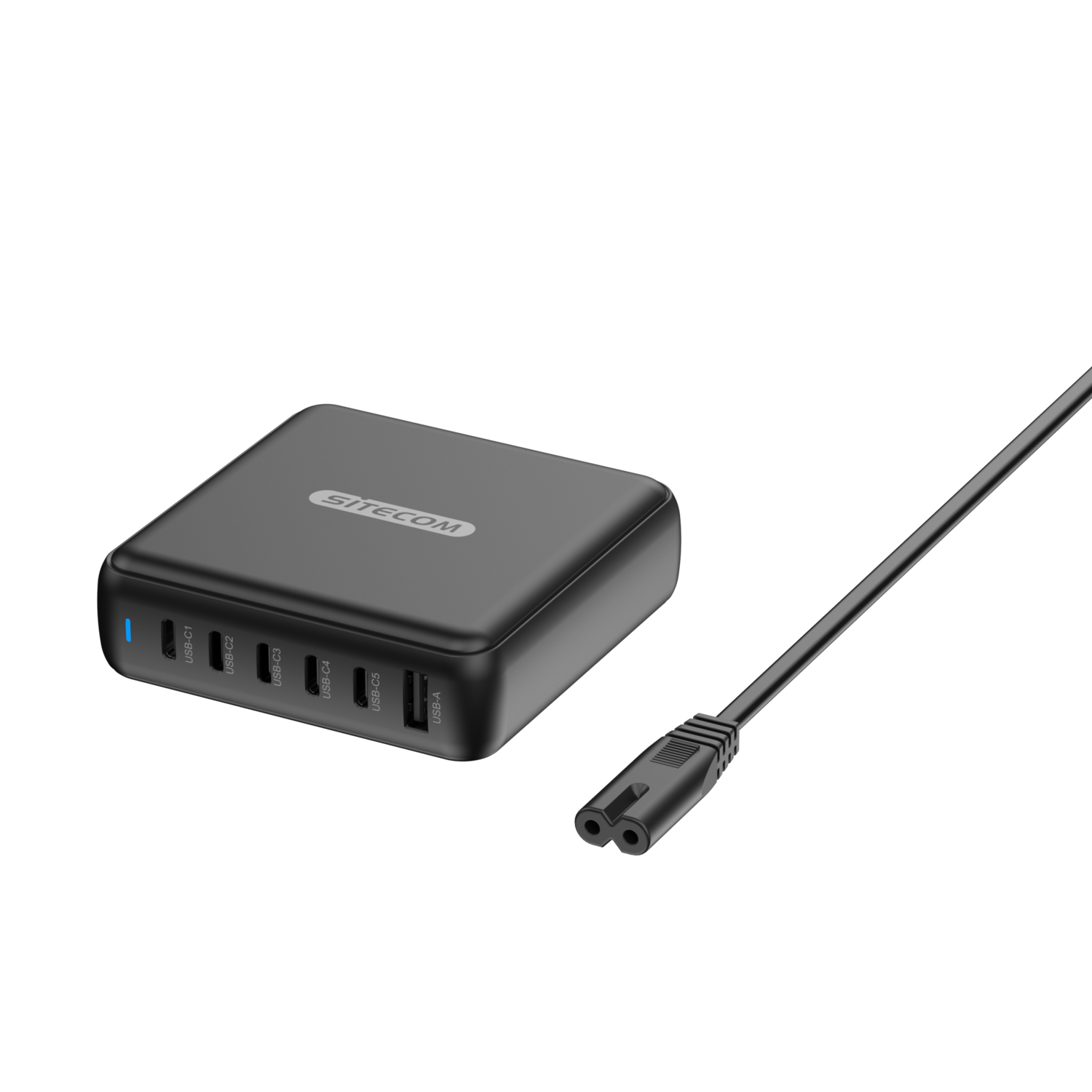 A black power adapter with multiple USB ports and a power cable.