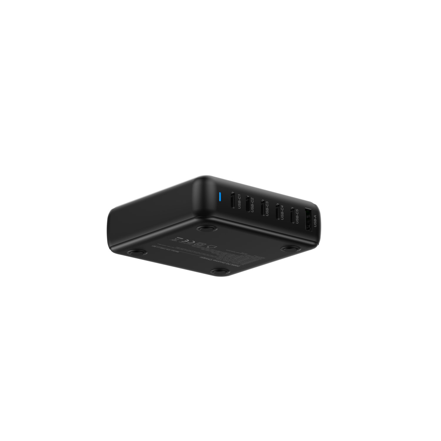 A black charging station with USB-C and USB-A ports is on a black background. It has a blue light.