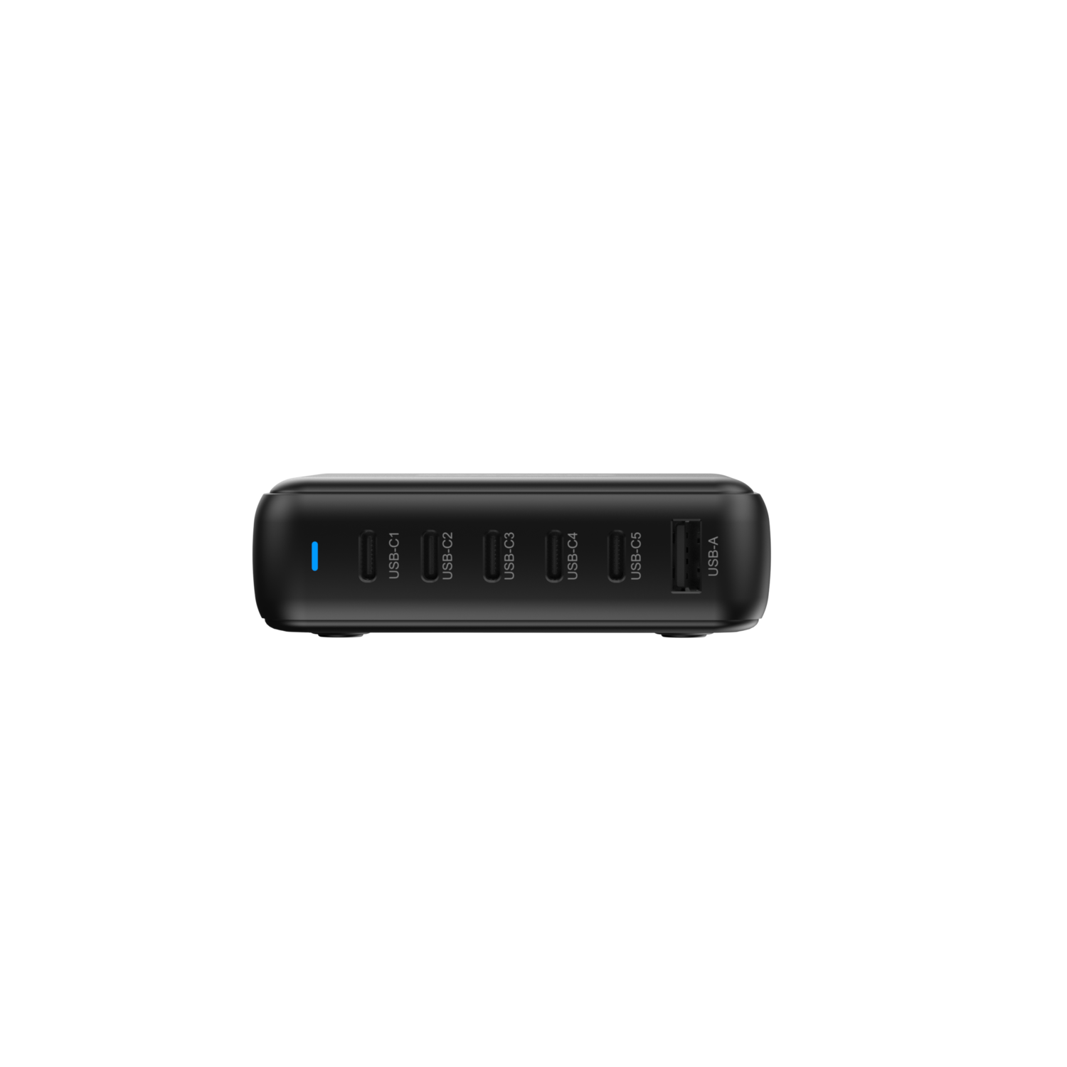 A black power strip with multiple USB ports on a black background.